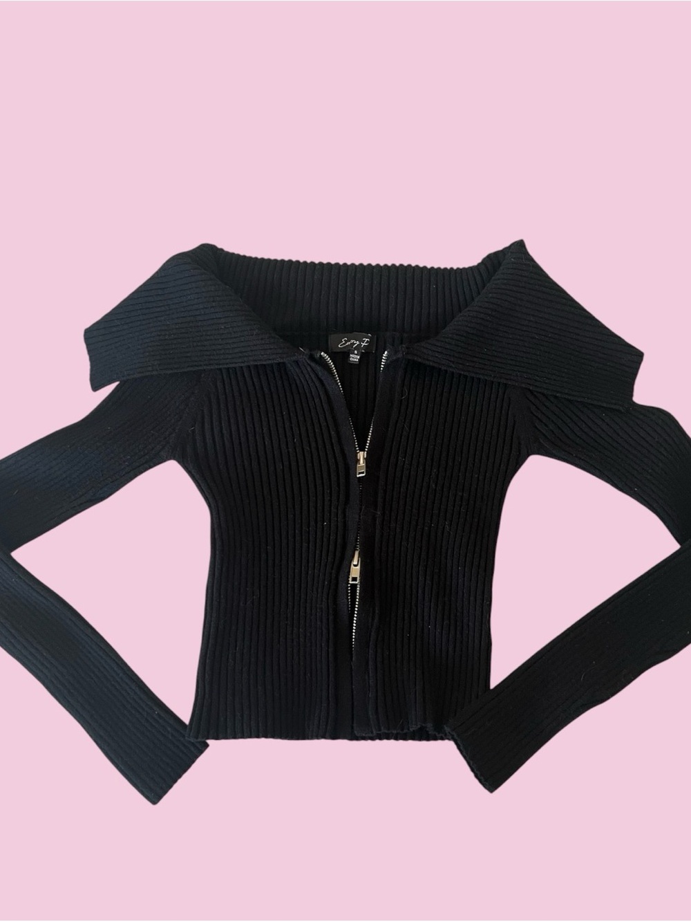 Emory Park Black Ribbed Zip-Front Off-Shoulder Top